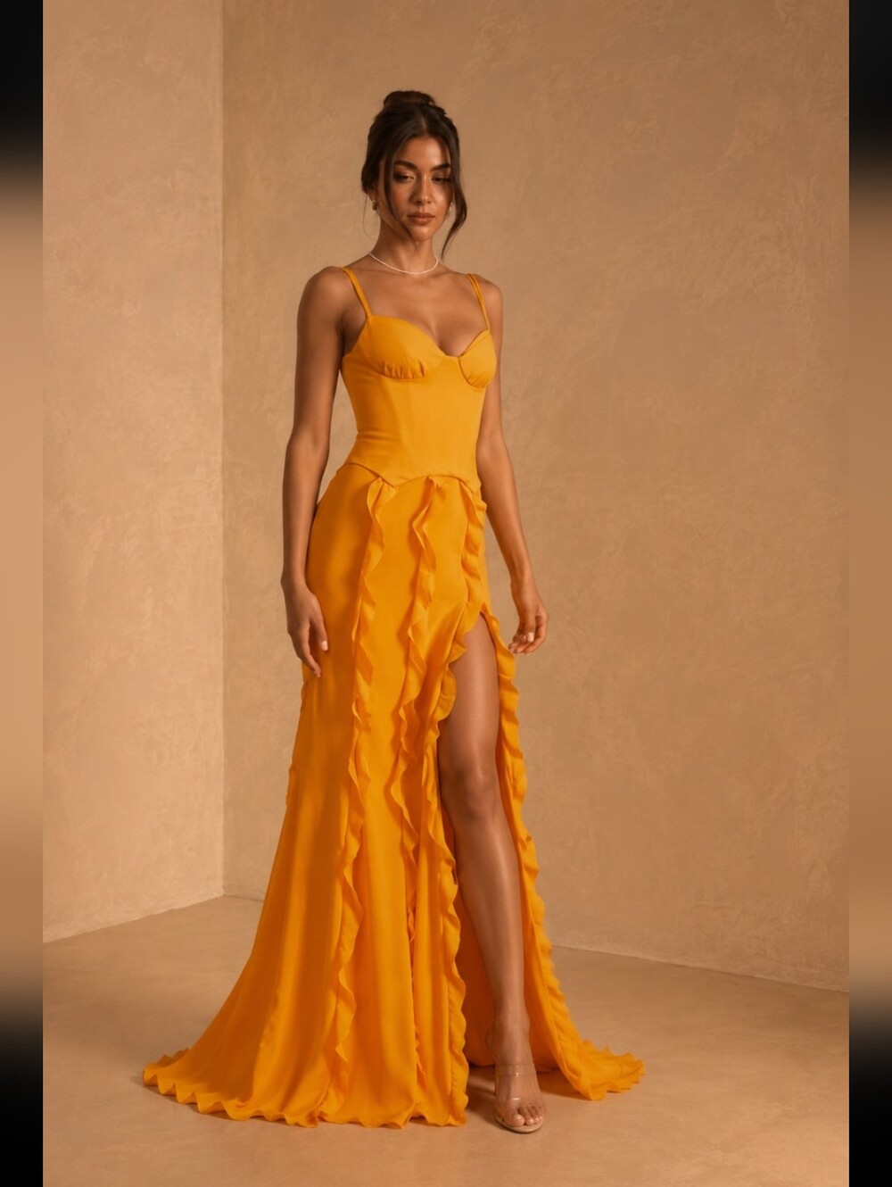 Oh Polly Elegant Ruffled Maxi Dress with Sweetheart Neckline